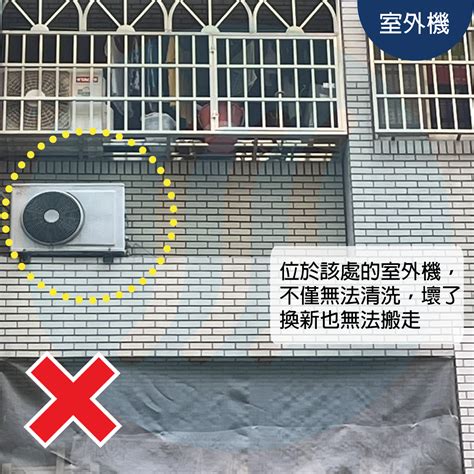 冷氣室外機格柵法規|冷氣機懸掛外牆，未占用路面通道且不影響通行，是否。